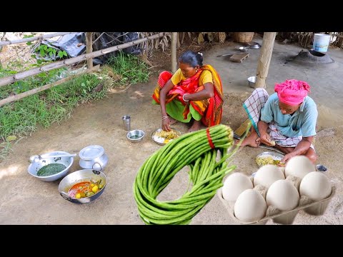 vegetables Egg Curry and jute leaves recipe cooking and eating by our santali tribe grandmaa