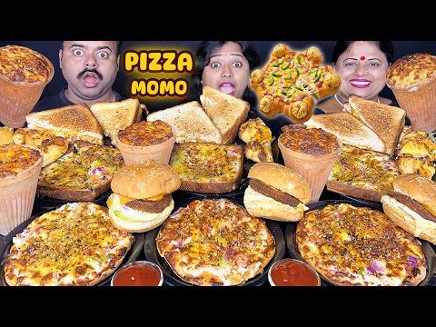 EATING spicy STREET FOOD eating competition CHEESE PIZZA MOMO, VIRAL KULHAD PIZZA, BURGER Mukbang