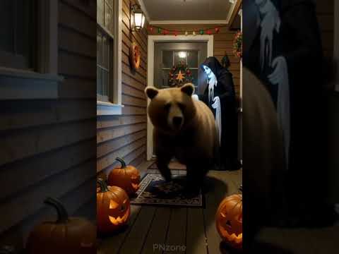 bear scared by halloween decoration