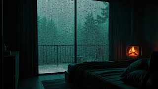 Dark Cabin Bedroom • Fireplace Warmth & Rain Sounds for Relaxation