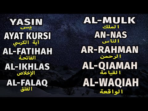 Surah Yasin, Ayat Kursi, Al Fatihah, An Nas, Al Mulk, Ar Rahman, Al Waqiah, Al Falaq, Al Ikhlas