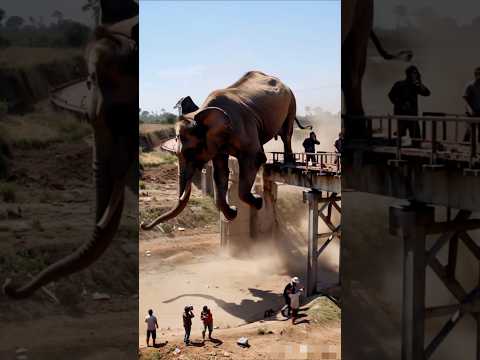 An elephant is jumping over the bridge and many people are shouting #animals #elephant