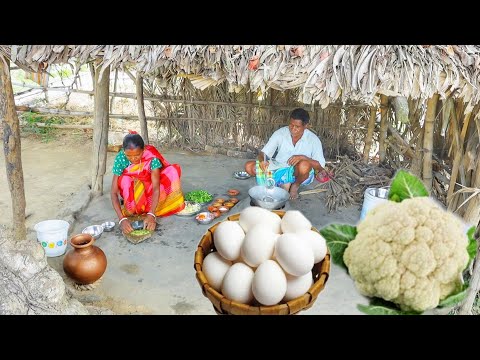 EGG CAULIFLOWER RECIPE and KOLMI SHAK VAJI cooking by our tribe old couple for lunch