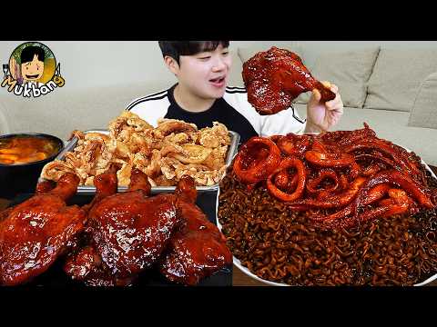 ASMR MUKBANG 자메이카 통다리 양념 <strong>치킨먹방</strong>! 짜파게티 탕수육 &amp; 레시피 FRIED CHICKEN BLACK BEAN NOODLES EATING SOUND!