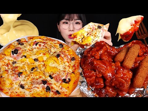 🍕고구마피자 갈릭디핑소스 순살양념치킨 치즈스틱 먹방 Sweet potato pizza Seasoned Chicken galing dipping ASMR MUKBANG