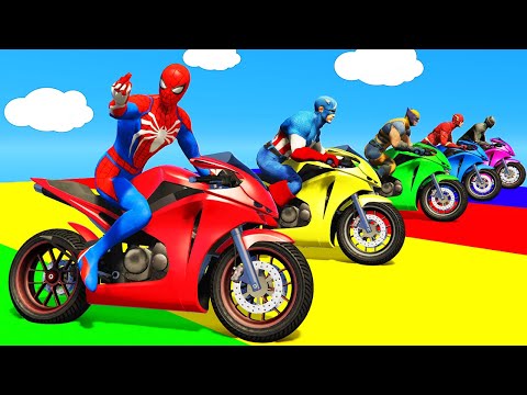 الأبطال الخارقين على القضبان دوامة قمع جسر 🕷️🏍️ RAINBOW SPIDER MAN! on Motorcycle in Spiral Bridge