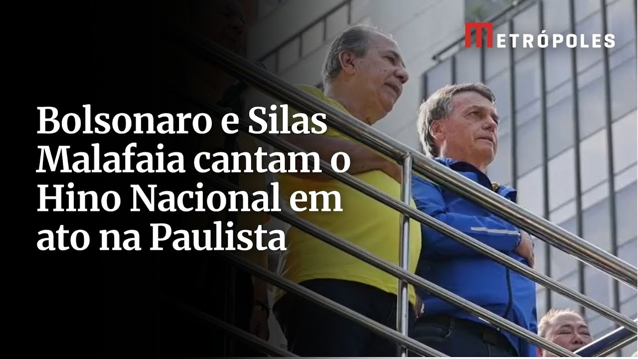 Bolsonaro e Silas Malafaia cantam o Hino Nacional em ato na Paulista