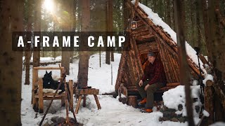 Overnight in A-frame Shelter with Dog, Lohikeito, High Campfire on the Snow.