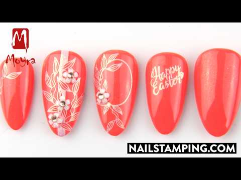 Golden leaves, white flowers on coral base (nailstamping.com)