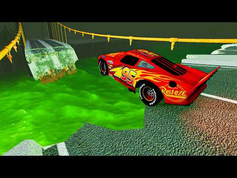Open Broken Bridge Crashes Over Green SLIME Lake - BeamNG.Drive