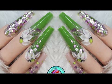 Spring Nail Design - Embedded Glitter - 3D Acrylic - Gliterbels Melon