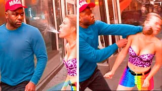 Woke Karen SPITS On Trump Supporter and Gets KNOCKED OUT Cold