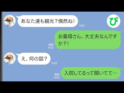 【LINE】妻と娘と家族旅行に行ったら入院しているはずの義母に会った→混乱する俺に義母が…【スカッと修羅場】