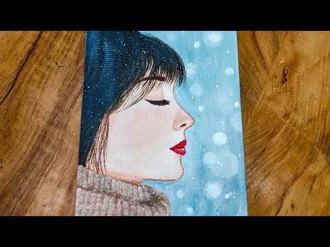 Beautiful Girl Painting in Snowy Winter Scenery/ Acrylic Painting/ Girl Drawing