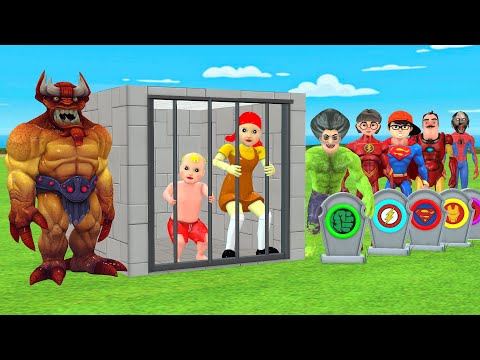 Scary Teacher 3D vs Squid Game Become Superhero Fight Monsters Save Baby 5 Time Challenge