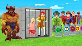 Scary Teacher 3D vs Squid Game Become Superhero Fight Monsters Save Baby 5 Time Challenge