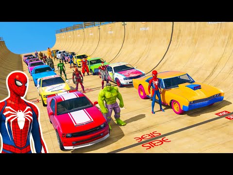 GTA 5 spider man vs hulk and other superheros sports cars mega ramp challenge | gameplay for fun