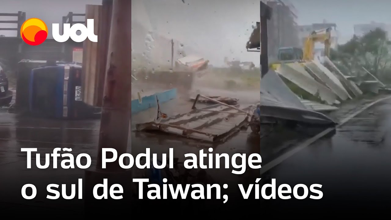 Tufão Podul em Taiwan ventania e chuva destroem casas viram carros e deixam rastro de destruição