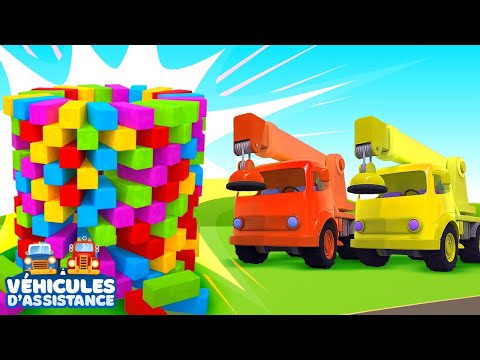 Une tour de blocs colorés faite par les véhicules d'assistance | Dessin animé pour enfants