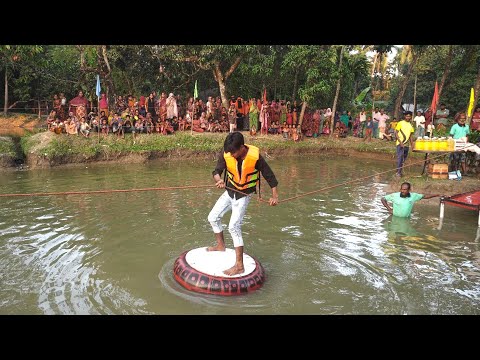 🌊 Can He Cross The Water On A Floating Tire | Water Balancing Challenge | 😲 #mrbeast #challenge #fun