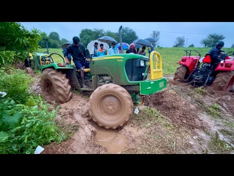 John Deere tractor stuck in mud Rescued by Mahindra tractor | tractor videos |