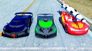 Bugatti Bolide Alien Engine vs Bugatti Black Devil vs Lightning McQueen Rocket Edition - Drag Race