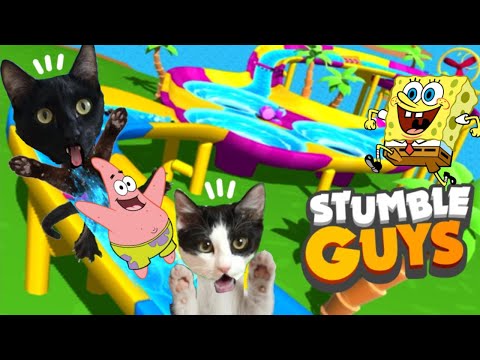 JUGANDO A NUEVOS MAPAS DEL JUEGO STUMBLE GUYS CON BOB ESPONJA y gatos Luna y Estrella / Gameplay