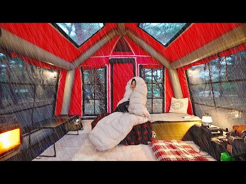 Camping in the rain in an inflatable tent in front of the beach . Rain sound ASMR