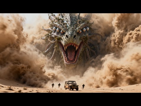 Thrilling action film: giant beast awakens, treasure hunters flee an ancient tomb in terror.