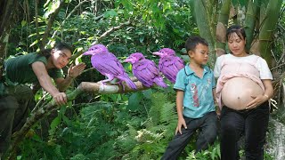 exotic wild birds, catching baby birds to raise, picking vegetables for pigs, farm life