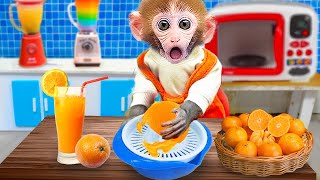Bon Bon Monkey makes orange juice in the kitchen