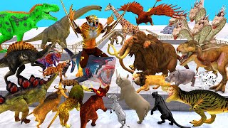 Dinosaurs vs Animals vs Saber Tooth Tiger Speed Race Run Zigzag Course Animal Revolt Simulator