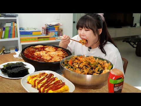 냉장고 털어서 만든 비빔밥과 차돌 순두부찌개 먹방 반찬은 계란말이, 김 Bibimbap MUKBANG