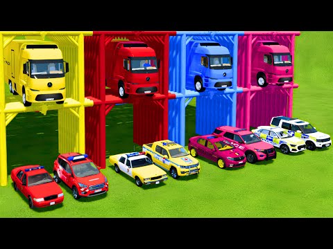 TRANSPORTING ALL POLICE CARS and AMBULANCE VEHICLES WITH MERCEDES ELECTRIC TRUCKS ! FS22