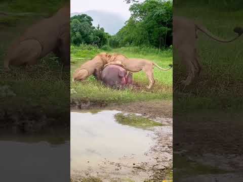 The big hippopotamus was also stunned by the lionAnimal Fighting CompetitionPrey Moment Wild Anim