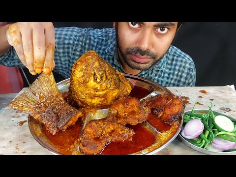 spicy handi big fish masala curry big fish head spicy gravy salad eating show mukbang food show