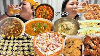 술파티 다음날 하루종일 돼지파티🐷 먹방 브이로그 | 피나치공 포테이토피자 국물두루치기 땡초김밥 된장술밥 소세지빵 만들기 감자샐러드 샌드위치 양념치킨 초계국수 Mukbang VLOG
