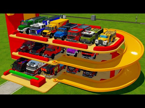 TRANSPORTING FIRE ENGINES & LADDER EMERGENCY TRUCKS WITH BIG TRAIN! Farming Simulator 22