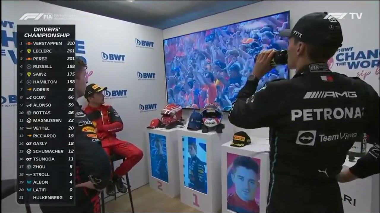 Footage From Cool Down Room With Charles Leclerc Max Verstappen And George Russell 2022 Dutch Gp 6334