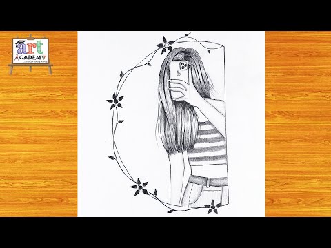 Easy Drawing Tutorial: Draw a Girl Taking a Selfie with a Long Hair 🎨 #رسم #رسومات