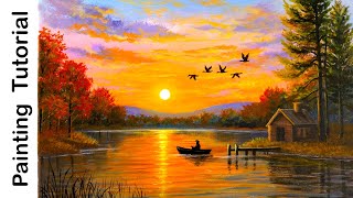 Acrylic Painting Tutorial: Serene Lake Sunset with Reflections