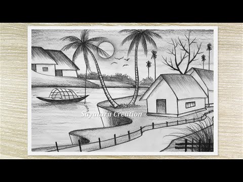 How to draw Beautiful Sunset Scenery with Pencil Easy Steps