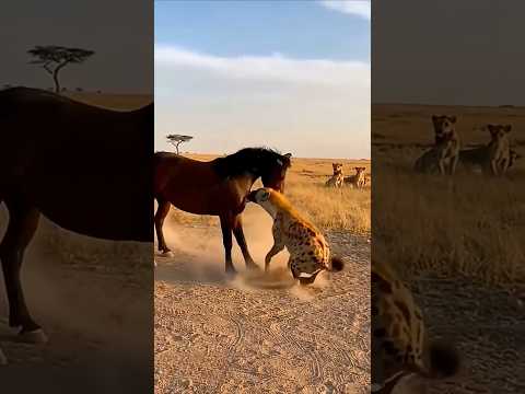 Horse Kicks a Hyena Bullying It and Sends It FLYING!ㅣ말을 괴롭히는 하이에나를 발로 차서 날려버림ㄷㄷ #animals #wildlife