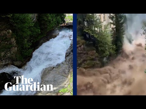 Europe floods: before and after footage as an Austrian waterfall becomes a torrent