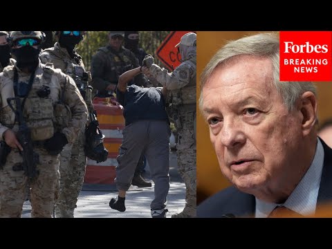 YouTube video thumbnail: 'A Desecration Of All The Basic Liberties Guaranteed By The Constitution': Durbin Decries ICE Raids