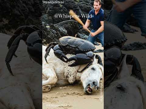 Terrifying Moment – Man Smash Black Crab To Save Wild Horse 야생말 등에 붙은 거대한 알을 품은 검은게#animals #crab