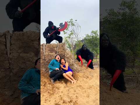 2 Ferocious Gorilla Monsters Attack The Brave Girl And The Scared Young Man