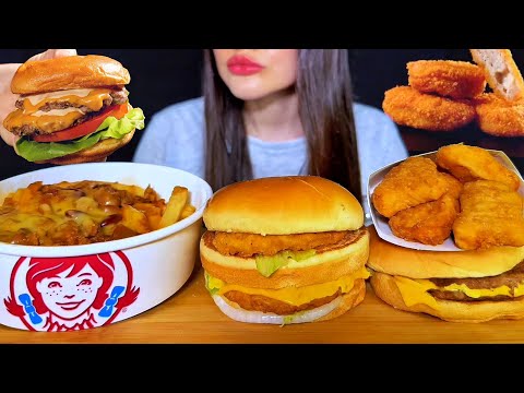 ASMR FAST FOOD | CHEESEBURGER, CHILI CHEESE FRIES, CHICKEN NUGGETS | WENDY’S MUKBANG