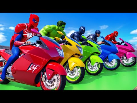 SPIDER MAN Takes on Spiral Bridge Stunt Ride on Motorcycle🦺🥽بطال الخارقين على القضبان دوامة قمع جس