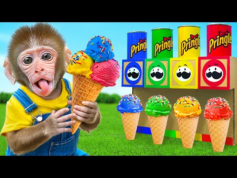 KiKi Monkey try Four Elements Yummy Ice Cream Machine by Four Colors with Duck | KUDO ANIMAL KIKI